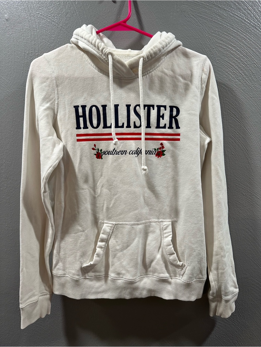 Hollister Cream Pullover Hoodie with Navy & Red Logo